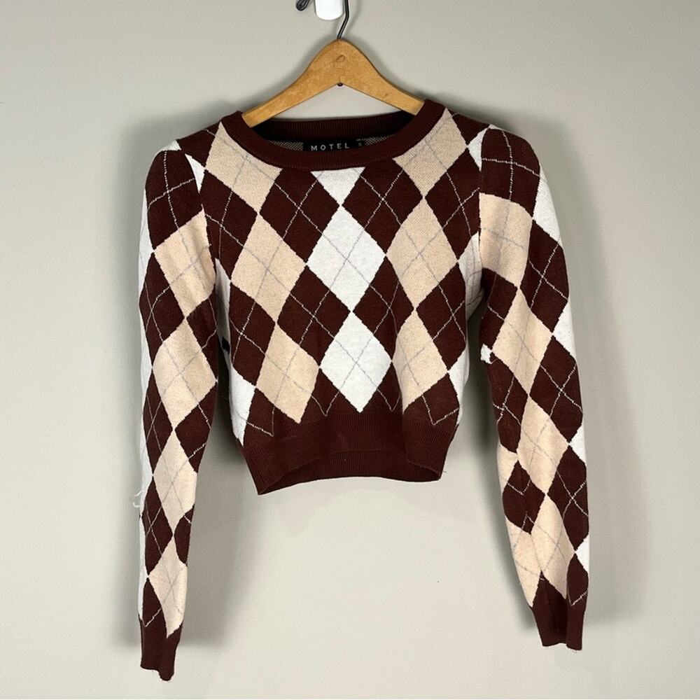 Motel Cropped Argyle Sweater Size Small Academia Office Brown Chic School Preppy